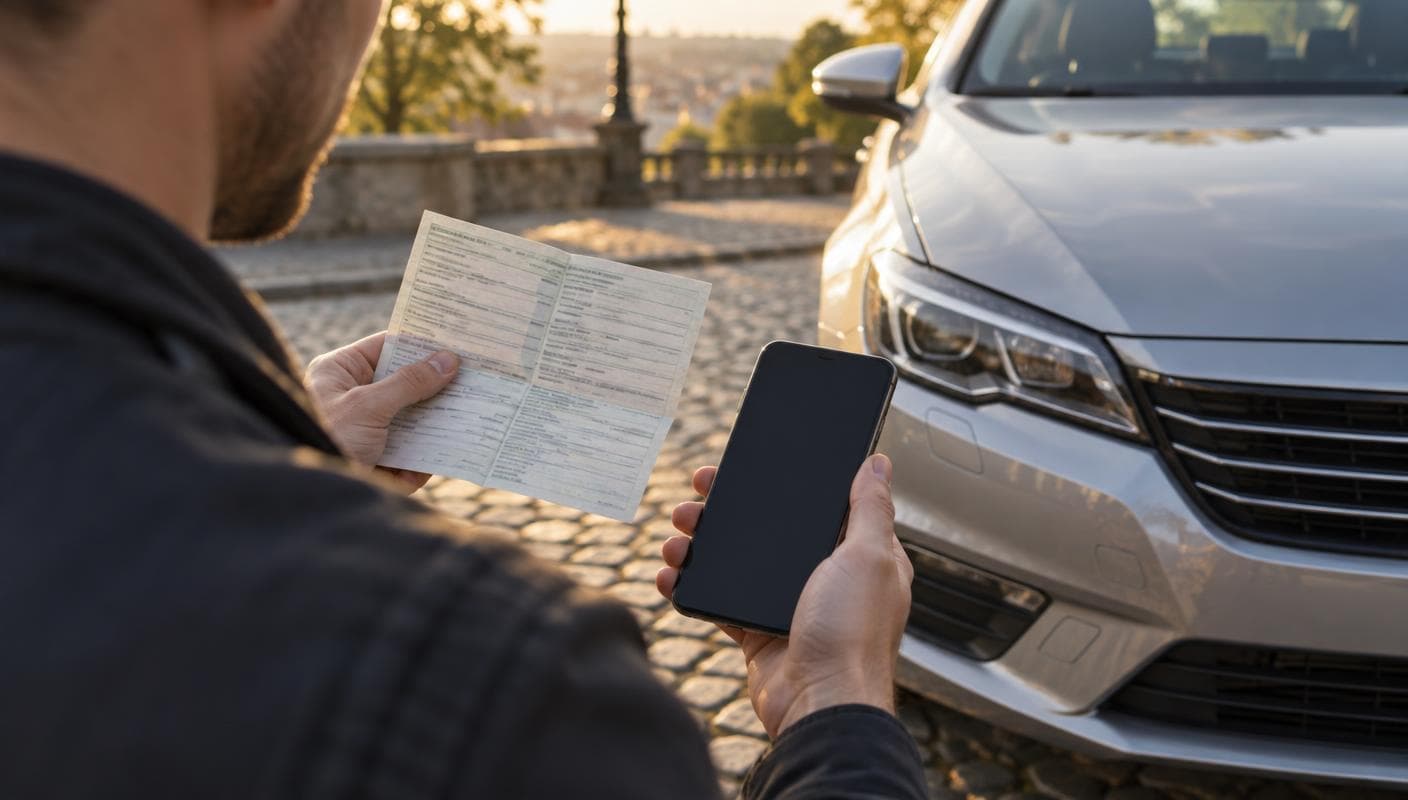 Person med registreringsattest og mobiltelefon ved en parkeret bil