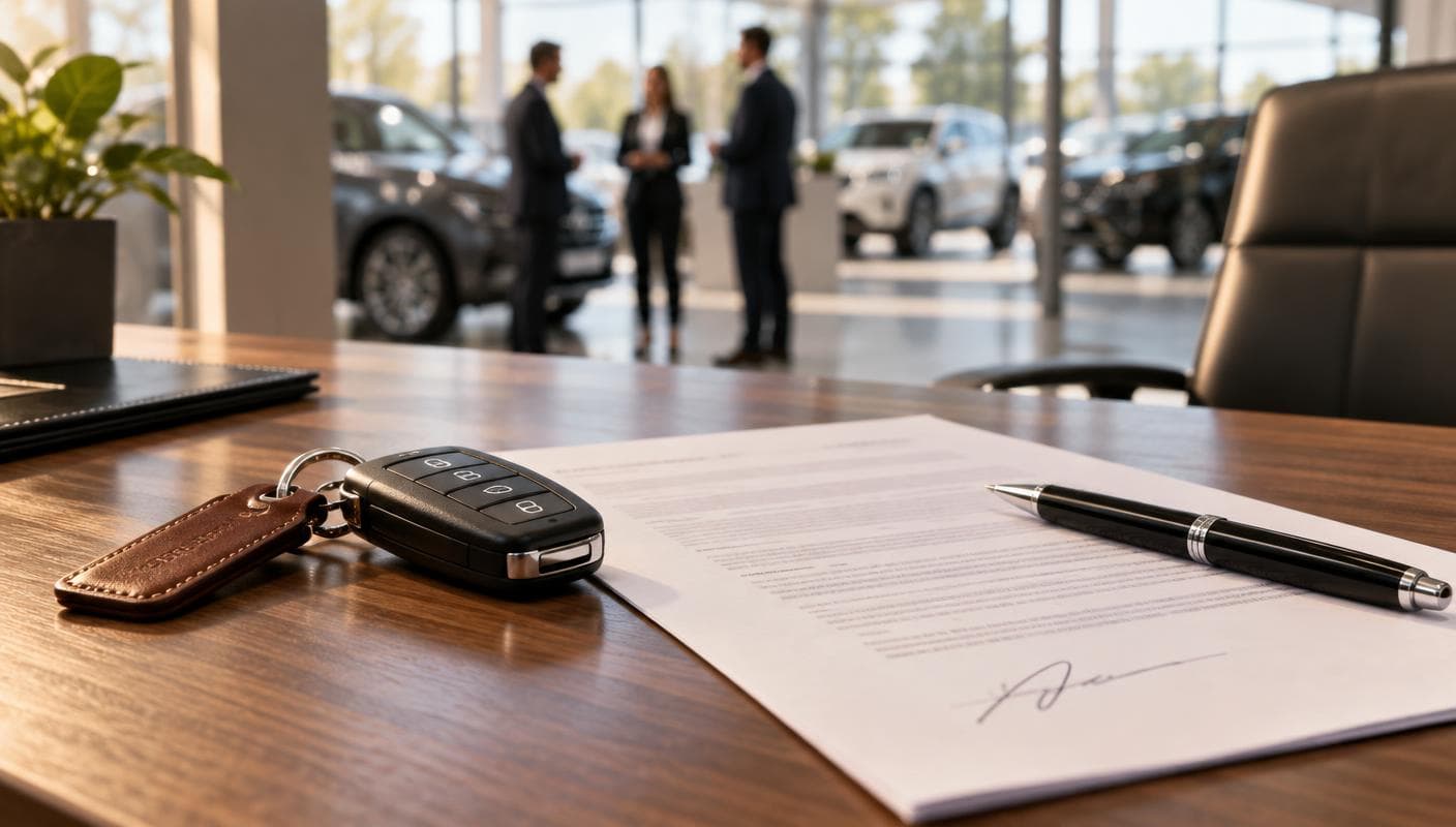 Bilnøgler og en underskrevet handelsaftale på et forhandlerskrivebord
