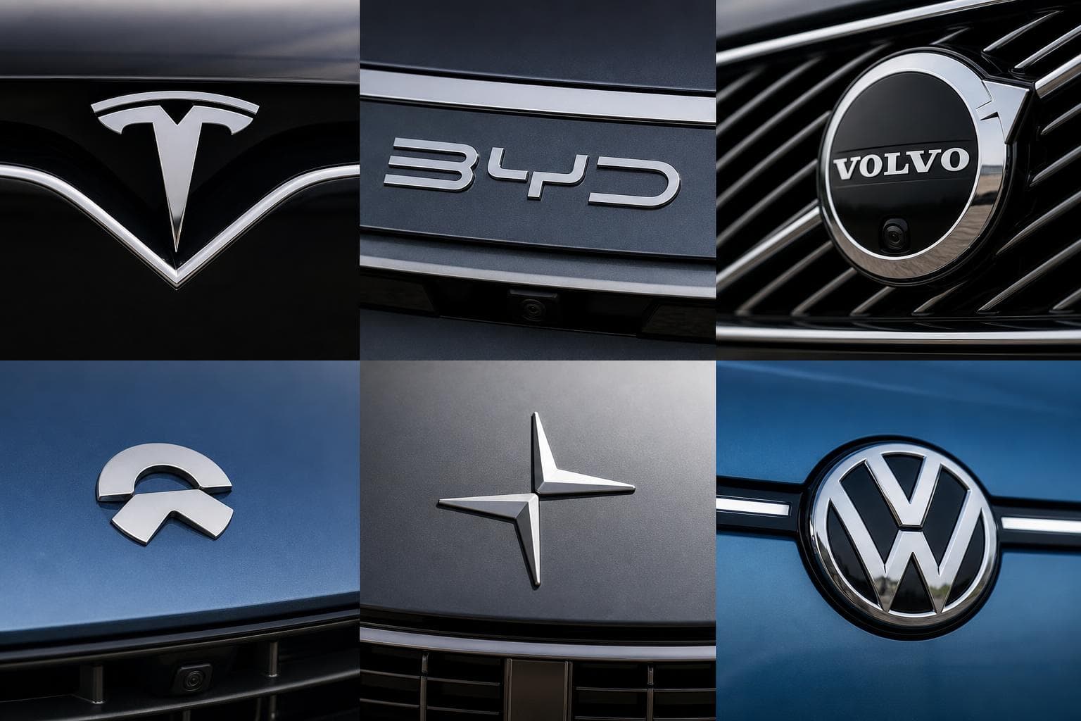 Collage af elbil-mærkernes logoer på kølergrille