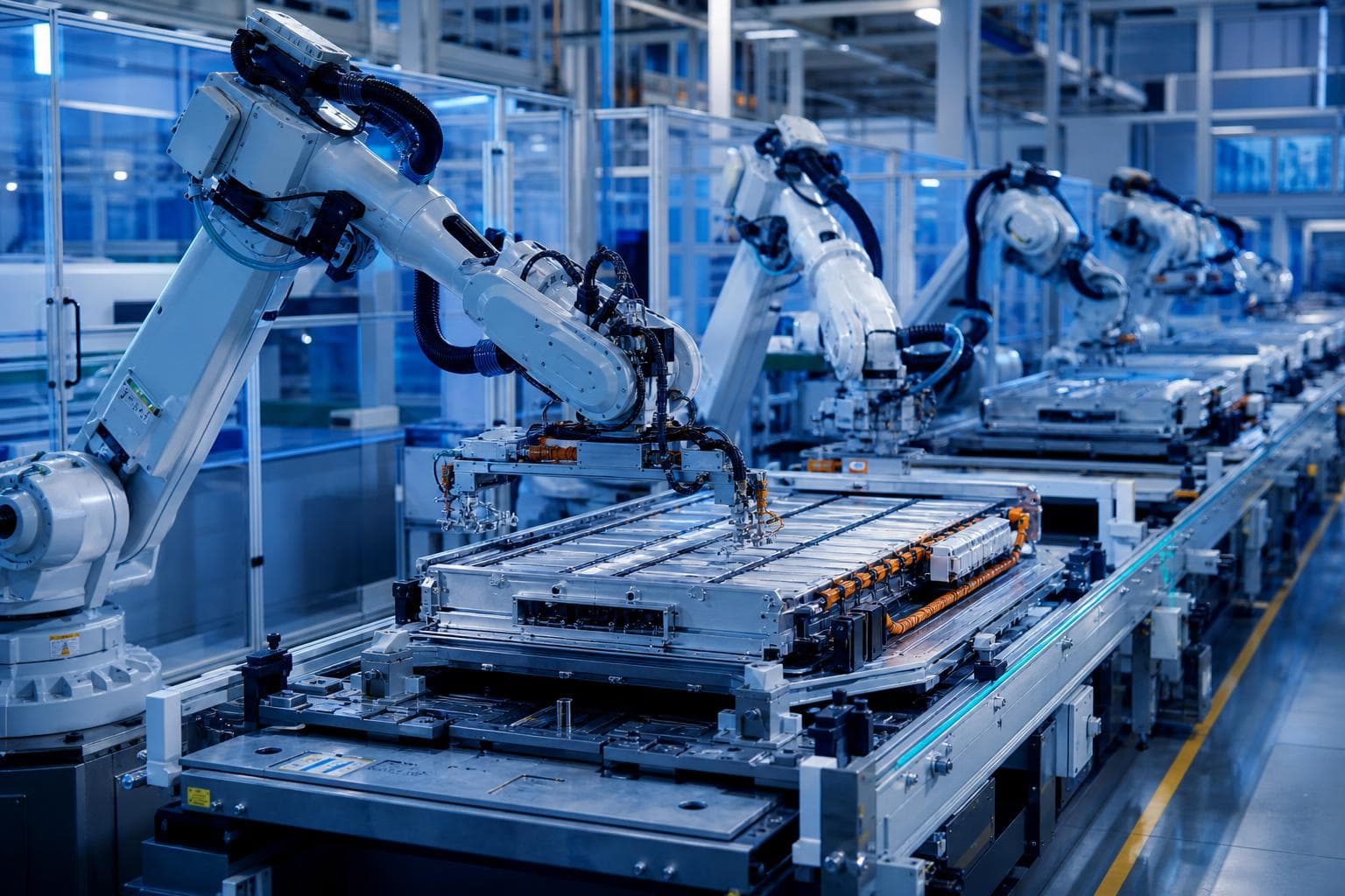 Robotteknologi i elbilfabrik samler batteripakker på produktionsbånd