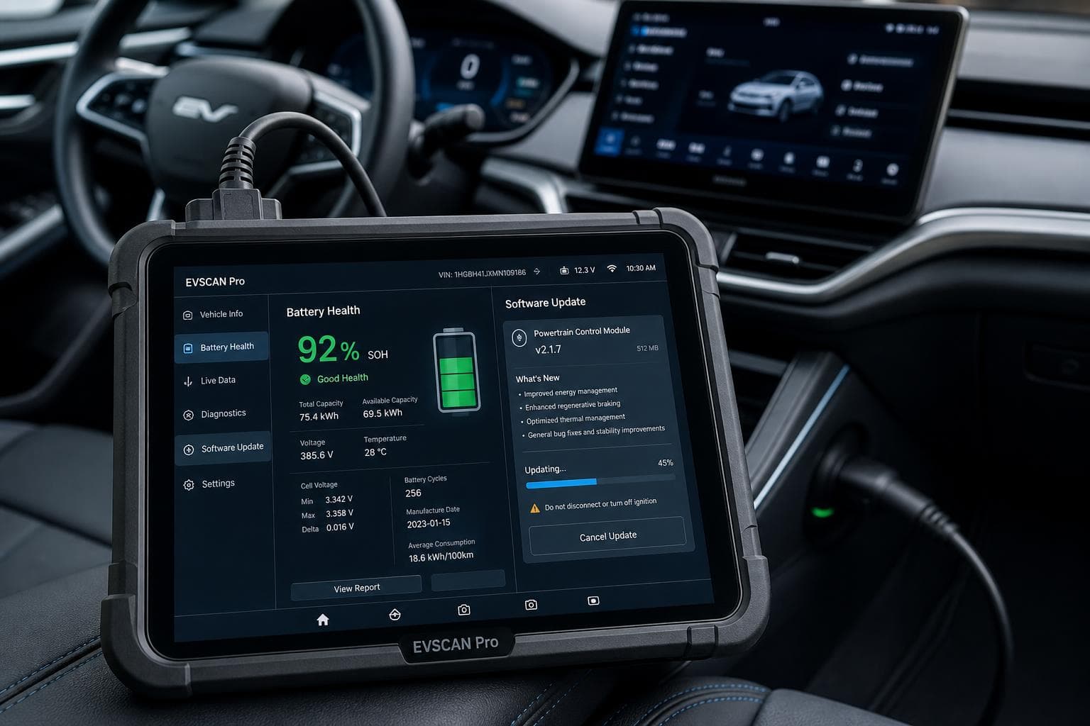 Diagnostik-tablet viser batterihelbred og software-opdatering i elbil