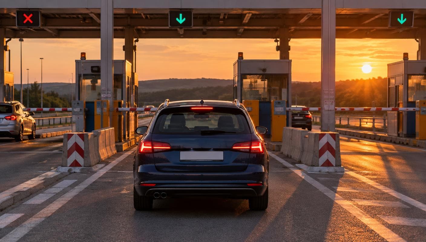 Bil ved en europæisk motorvejsbom i solnedgang