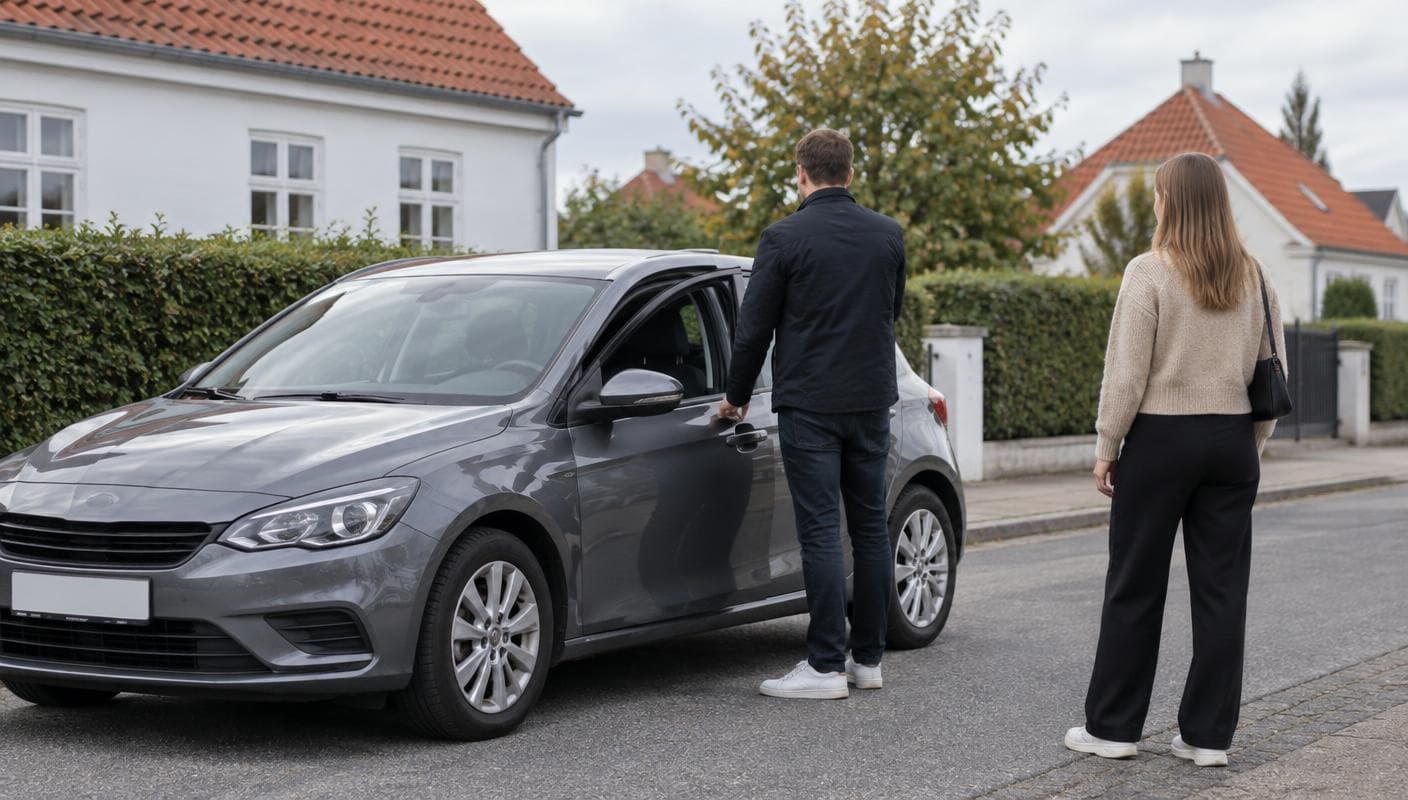 Sælger viser bilen frem for en køber på en dansk villavej