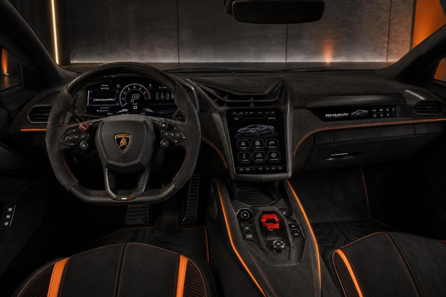 Lamborghini Revuelto interiør med digitale skærme